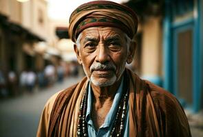 ai generativo retrato de mayor egipcio hombre en tradicional ropa estilo, fondo, bandera con Copiar espacio texto foto