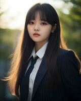 AI Generative Beautiful asian girl wearing black suit shirt and tie photo