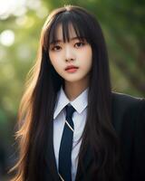 AI Generative Beautiful asian girl wearing black suit shirt and tie photo