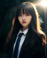 AI Generative Beautiful asian girl wearing black suit shirt and tie photo