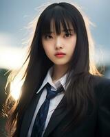 AI Generative Beautiful asian girl wearing black suit shirt and tie photo