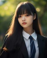 AI Generative Beautiful asian girl wearing black suit shirt and tie photo