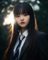 ai generativo hermosa asiático niña vistiendo negro traje camisa y Corbata foto