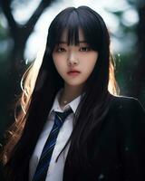 AI Generative Beautiful asian girl wearing black suit shirt and tie photo