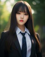 AI Generative Beautiful asian girl wearing black suit shirt and tie photo