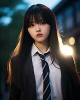 AI Generative Beautiful asian girl wearing black suit shirt and tie photo