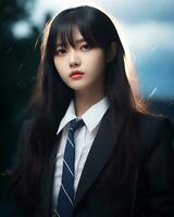 AI Generative Beautiful asian girl wearing black suit shirt and tie photo