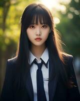 AI Generative Beautiful asian girl wearing black suit shirt and tie photo