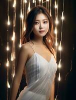 ai generativo hermosa asiático niña vistiendo glamour blanco vestir foto