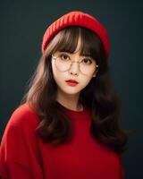 AI Generative Beautiful asian girl wearing red sweater glasses and hat photo