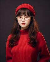 AI Generative Beautiful asian girl wearing red sweater glasses and hat photo