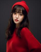 AI Generative Beautiful asian girl wearing red sweater glasses and hat photo