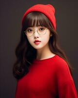 AI Generative Beautiful asian girl wearing red sweater glasses and hat photo