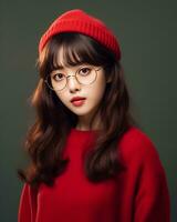 AI Generative Beautiful asian girl wearing red sweater glasses and hat photo