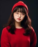 AI Generative Beautiful asian girl wearing red sweater glasses and hat photo