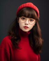 AI Generative Beautiful asian girl wearing red sweater glasses and hat photo