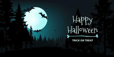 Eerie atmosphere of Happy Halloween vector banner illustration. A spooky moonlit night featuring a haunting forest, bats, and a full moon. Perfect for party invitations and posters. Not AI generated.