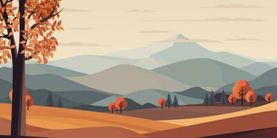 Autumn morning landscape vector illustration. Rolling hills, lush meadows, and vibrant trees, mountains on the background make it ideal for posters and banners celebrating the season not AI