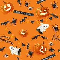 Happy Halloween seamless orange vector pattern. Featuring cute and spooky elements like pumpkins, spiders, bats, ghost and confetti, it's perfect for decorating your holiday designs. Not AI