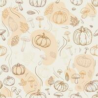 Hand drawn pumpkins, leaves, mushroom, acorn, chestnut. Autumn line sketch foliage seamless pattern vibrant and textured decoration. Perfect for textiles, wallpapers, and more. Not AI generated. vector