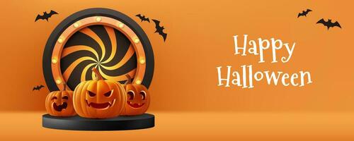 Happy Halloween vector stage 3d illustration. Featuring a spooky banner design with pumpkins, bats, and a unique spiral shape, it's perfect for holiday promotions and sales. Not AI generated.