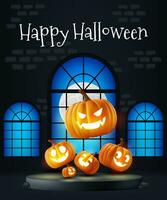 Happy Halloween banner illustration. Castle interior full moon outside a spooky window, pumpkins on the podium it's perfect for banners, posters, and promotions. Not AI generated vector