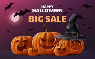 Happy Halloween Big Sale 3D realistic vector illustration. Featuring a stage with a cute pumpkin, bats, and a spooky atmosphere, it's perfect for holiday celebrations and promotions. Not AI