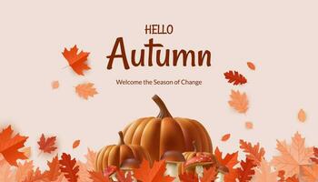 Banner Hello Autumn. Featuring realistic illustrations of leaves, pumpkins, mushrooms, acorns, chestnut, it's perfect for creating a warm and seasonal atmosphere. Not AI generated. vector