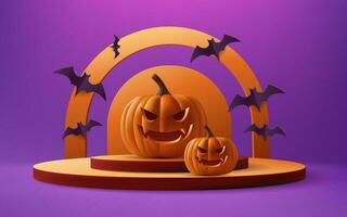 Happy Halloween purple sale banner with 3d vector illustration. A spooky stage podium design featuring carving pumpkins, bats, sets the perfect backdrop for your holiday promotions. Not AI generated.