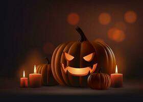 Realistic vector illustration of spooky Halloween scene with a dark background, eerie candlelight, and an illuminated jack o lantern. Perfect for invitations, posters, and party decorations Not AI