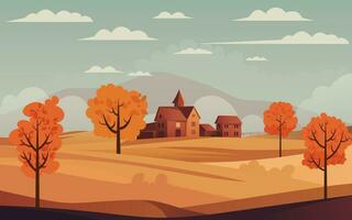 Picturesque autumn landscape. Countryside farm on rolling hills, surrounded by colorful trees, under a warm cloudy sky. Perfect for posters and banners celebrating the harvest season. not AI vector