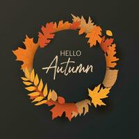 Autumn design with round frame banner Hello Autumn on black background. Featuring vibrant leaves and a circular design, colorful and inviting atmosphere for the fall season. Not AI generated. vector