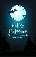 Eerie atmosphere of Happy Halloween vector banner illustration. A spooky moonlit night featuring a haunting tree, bats, and a full moon. Perfect for party invitations and posters. Not AI generated.