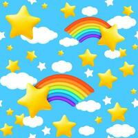 A seamless pattern featuring a vibrant 3d rainbow, fluffy clouds, and cute stars. This joyful design is perfect for children's projects and adds a playful touch to any application. Not AI generated. vector