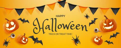 Happy Halloween orange horizontal banner. Featuring a happy and spooky design with pumpkins, bats, spiders, eyes and flags, it's perfect for holiday celebrations and promotions. Not AI generated. vector