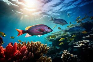 AI Generative of a school of colorful fish swimming around a coral reef photo