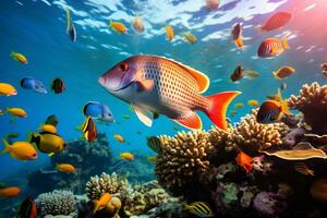 ai generativo de un colegio de vistoso pescado nadando alrededor un coral arrecife foto