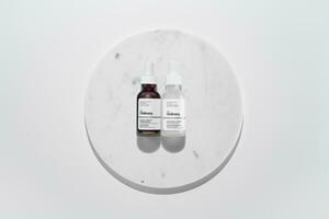 Strasbourg, France - September 2023 The Ordinary skincare brand by Deciem. AHA BHA Peeling Solution and Multi-Peptide HA Serum photo