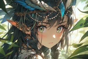 ai generativo bosque duende con ala y hermosa ojos en anime estilo foto