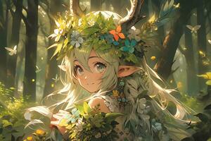 ai generativo bosque duende con ala y hermosa ojos en anime estilo foto