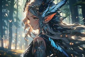 AI Generative forest elf with wing and beautiful eyes in anime style photo