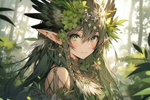 ai generativo bosque duende con ala y hermosa ojos en anime estilo foto