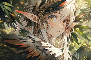 AI Generative forest elf with wing and beautiful eyes in anime style photo