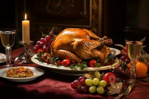 tradicion de un acción de gracias banquete enfoque en un hermosamente conjunto comida mesa con pavo. ai generativo foto