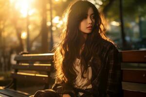 AI Generative beautiful asian woman sits on a park bench in the late afternoon photo