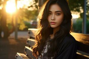 AI Generative beautiful asian woman sits on a park bench in the late afternoon photo