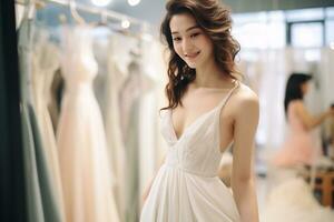 AI Generative Beautiful asian try on wedding bride dress in fitting room photo