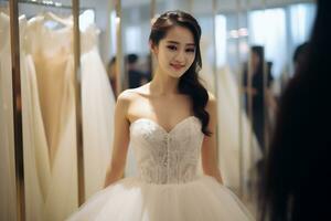 AI Generative Beautiful asian try on wedding bride dress in fitting room photo