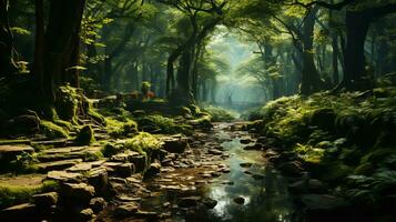 AI Generative magical forest scenes with lush greenery photo