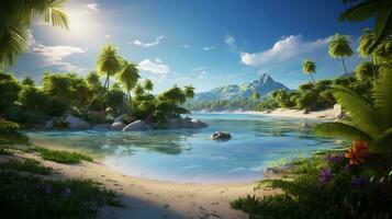 AI Generative images of tropical paradises with palm fringed beach photo